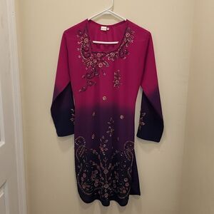 SHAAN Tunic/Dress Style Top Beautiful Beading,Side Slits, Ombre Fade